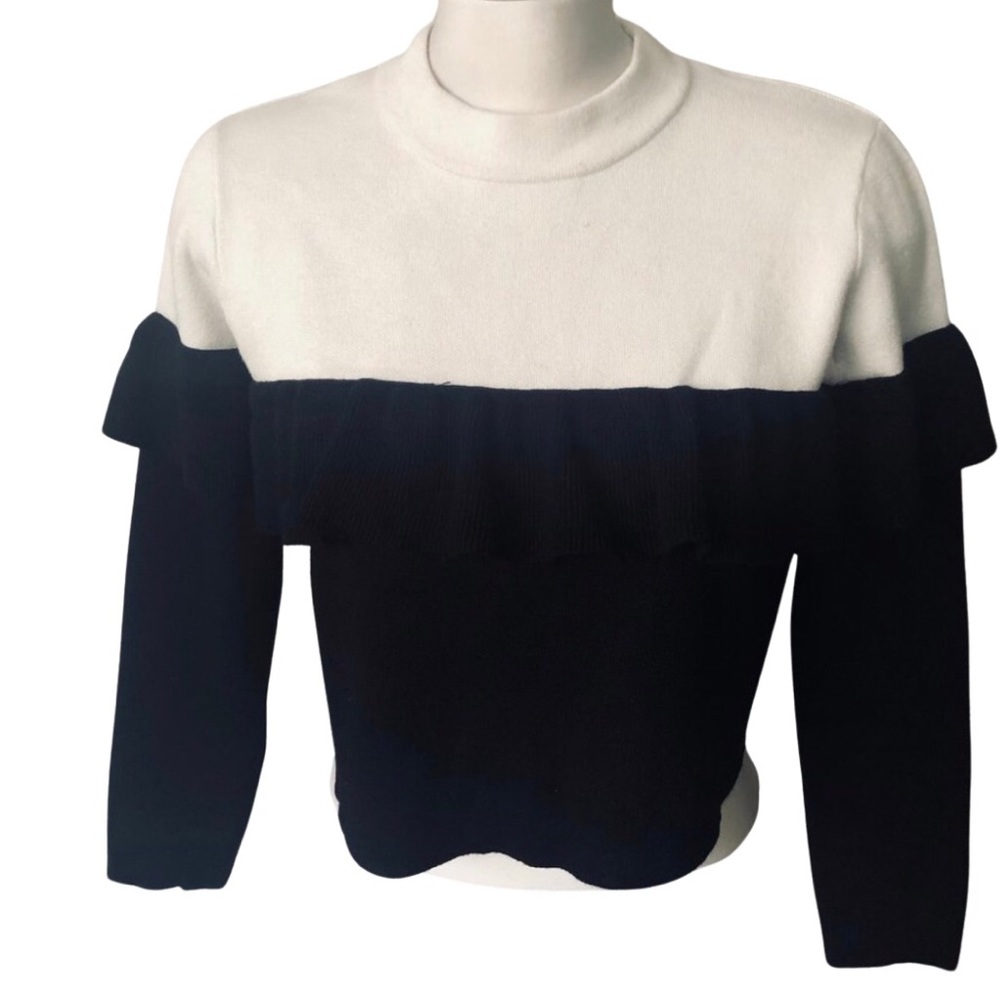 Zara Knit Black Ruffle Ribbed and White Crop Top Size S